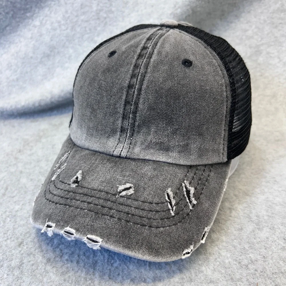 Distressed Ponytail Hat Womens Gray Unbranded Trucker Cap Mesh Back Washed OSFM